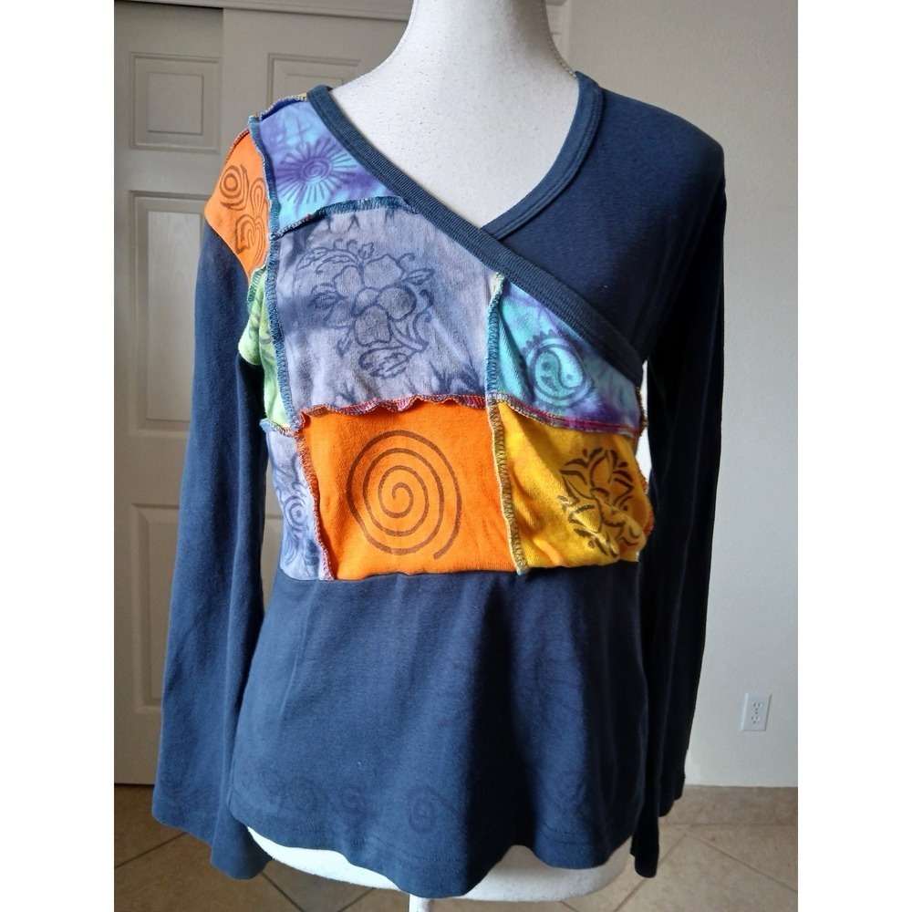 Womens Blouse Top Navy‎ Patchwork Bell Sleeve V-neck Medium Preppy Bohemian